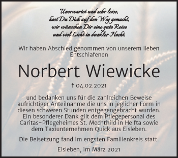 Traueranzeige von Norbert Wiewicke von Mitteldeutsche Zeitung Mansfelder Land