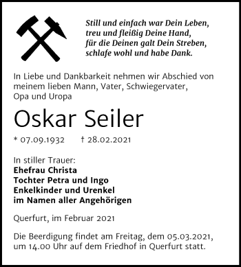Traueranzeige von Oskar Seiler von Mitteldeutsche Zeitung Merseburg/Querfurt