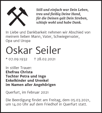 Traueranzeige von Oskar Seiler von Mitteldeutsche Zeitung Merseburg/Querfurt