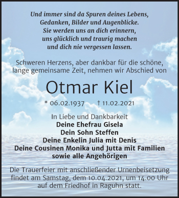 Traueranzeige von Otmar Kiel von Mitteldeutsche Zeitung Bitterfeld