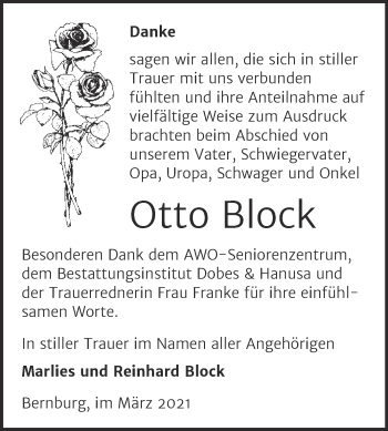 Traueranzeige von Otto Block von Mitteldeutsche Zeitung Bernburg