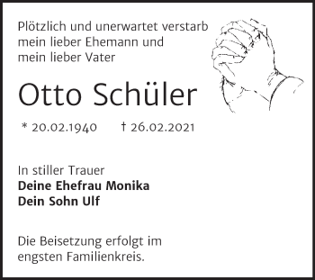 Traueranzeige von Otto Schüler von Mitteldeutsche Zeitung Dessau-Roßlau