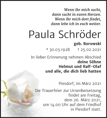 Traueranzeige von Paula Schröder von Mitteldeutsche Zeitung Bernburg