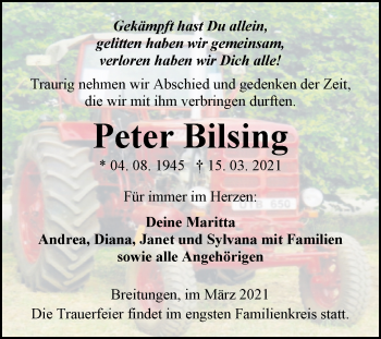Traueranzeige von Peter Bilsing von Mitteldeutsche Zeitung Sangerhausen