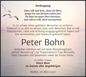 Traueranzeige von Peter Bohn von Mitteldeutsche Zeitung Bitterfeld