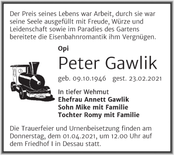 Traueranzeige von Peter Gawlik von Mitteldeutsche Zeitung Dessau-Roßlau
