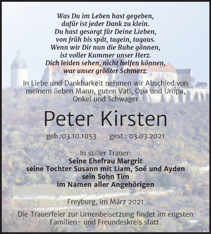  Traueranzeige für Peter Kirsten vom 13.03.2021 aus Mitteldeutsche Zeitung Naumburg/Nebra
