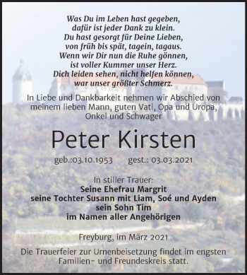 Traueranzeige von Peter Kirsten von Mitteldeutsche Zeitung Naumburg/Nebra