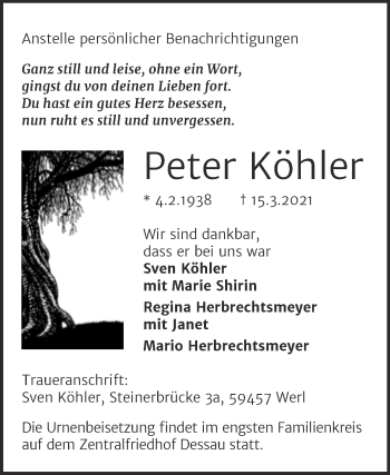 Traueranzeige von Peter Köhler von Mitteldeutsche Zeitung Dessau-Roßlau