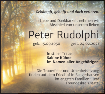 Traueranzeige von Peter Rudolphi von Mitteldeutsche Zeitung Sangerhausen