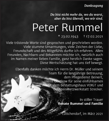 Traueranzeige von Peter Rummel von Mitteldeutsche Zeitung Mansfelder Land