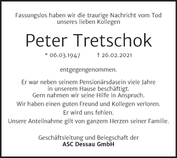 Traueranzeige von Peter Tretschok von Mitteldeutsche Zeitung Dessau-Roßlau