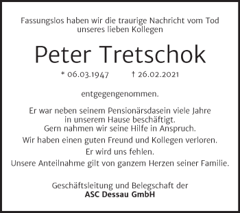 Traueranzeige von Peter Tretschok von Super Sonntag Dessau-Roßlau