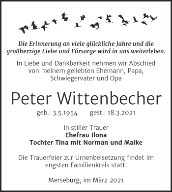 Traueranzeige von Peter Wittenbecher von Mitteldeutsche Zeitung Merseburg/Querfurt