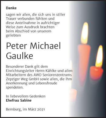Traueranzeige von Peter Michael Gaulke von Mitteldeutsche Zeitung Bernburg