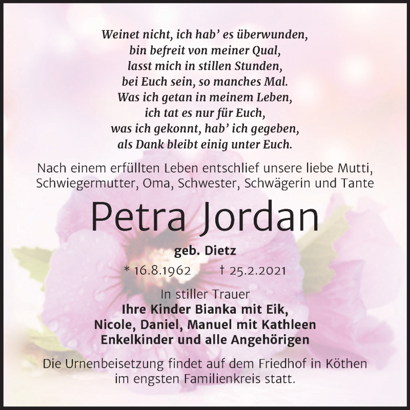  Traueranzeige für Petra Jordan vom 02.03.2021 aus Mitteldeutsche Zeitung Köthen