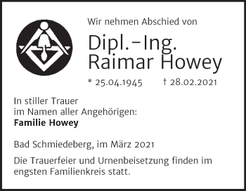 Traueranzeige von Raimar Howey von Mitteldeutsche Zeitung Wittenberg