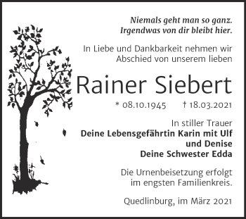 Traueranzeige von Rainer Siebert von Mitteldeutsche Zeitung Quedlingburg