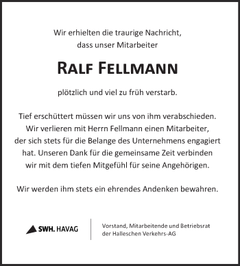 Traueranzeige von Ralf Fellmann von Mitteldeutsche Zeitung Halle/Saalkreis