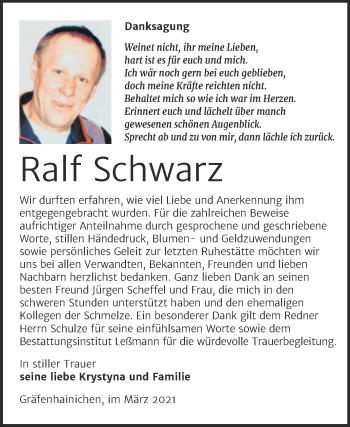 Traueranzeige von Ralf Schwarz von Mitteldeutsche Zeitung Wittenberg