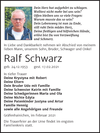 Traueranzeige von Ralf Schwarz von Mitteldeutsche Zeitung Wittenberg