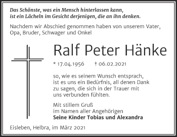 Traueranzeige von Ralf Peter Hänke von Mitteldeutsche Zeitung Mansfelder Land