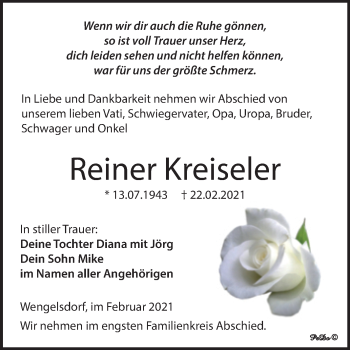 Traueranzeige von Reiner Kreiseler von Mitteldeutsche Zeitung Weißenfels