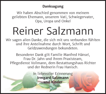 Traueranzeige von Reiner Salzmann von Mitteldeutsche Zeitung Sangerhausen