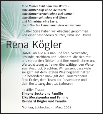 Traueranzeige von Rena Kögler von Mitteldeutsche Zeitung Wittenberg