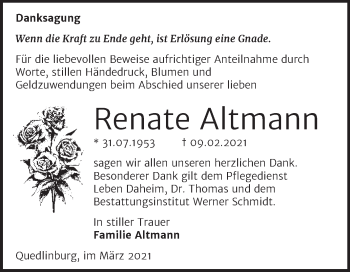 Traueranzeige von Renate Altmann von Mitteldeutsche Zeitung Quedlingburg
