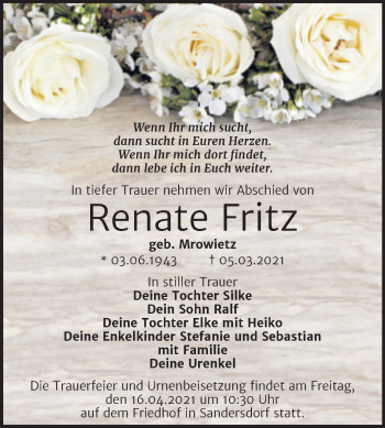 Traueranzeige von Renate Fritz von Mitteldeutsche Zeitung Bitterfeld
