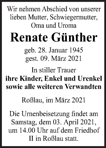 Traueranzeige von Renate Günther von Mitteldeutsche Zeitung Dessau-Roßlau