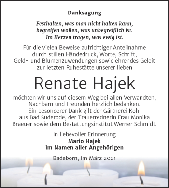 Traueranzeige von Renate Hajek von Mitteldeutsche Zeitung Quedlingburg