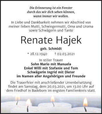Traueranzeige von Renate Hajek von Mitteldeutsche Zeitung Quedlingburg