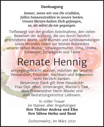 Traueranzeige von Renate Hennig von Mitteldeutsche Zeitung Wittenberg
