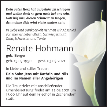 Traueranzeige von Renate Hohmann von Mitteldeutsche Zeitung Bitterfeld