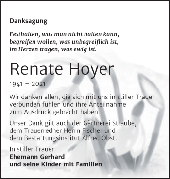 Traueranzeige von Renate Hoyer von Mitteldeutsche Zeitung Merseburg/Querfurt