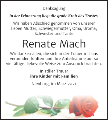 Traueranzeige von Renate Mach von Mitteldeutsche Zeitung Bernburg