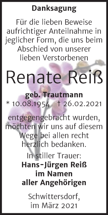 Traueranzeige von Renate Reiß von Mitteldeutsche Zeitung Mansfelder Land