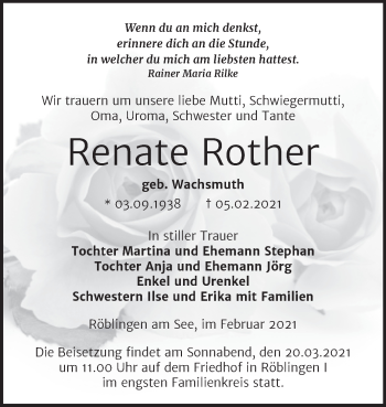 Traueranzeige von Renate Rother von Mitteldeutsche Zeitung Mansfelder Land
