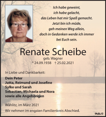 Traueranzeige von Renate Scheibe von Mitteldeutsche Zeitung Weißenfels
