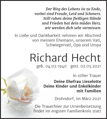 Traueranzeige von Richard Hecht von Mitteldeutsche Zeitung Aschersleben