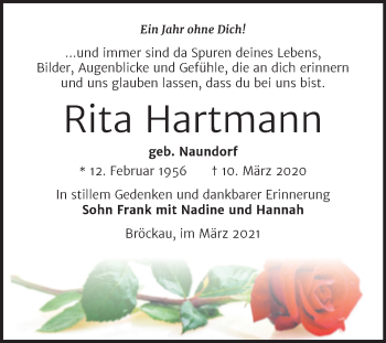 Traueranzeige von Rita Hartmann von Mitteldeutsche Zeitung Zeitz
