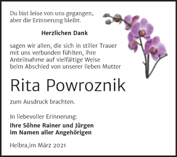 Traueranzeige von Rita Powroznik von Mitteldeutsche Zeitung Mansfelder Land
