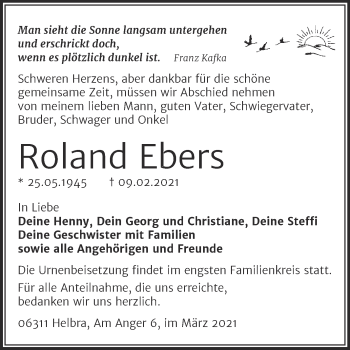 Traueranzeige von Roland Ebers von Mitteldeutsche Zeitung Aschersleben
