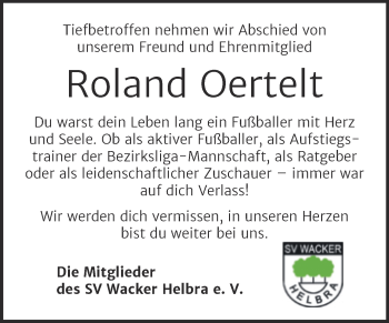 Traueranzeige von Roland Oertelt von Mitteldeutsche Zeitung Mansfelder Land
