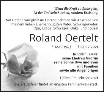 Traueranzeige von Roland Oertelt von Mitteldeutsche Zeitung Mansfelder Land