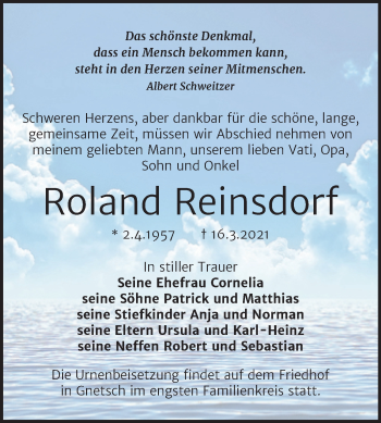 Traueranzeige von Roland Reinsdorf von Mitteldeutsche Zeitung Köthen