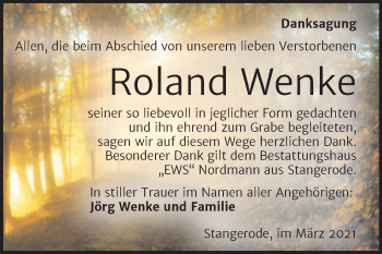 Traueranzeige von Roland Wenke von Mitteldeutsche Zeitung Mansfelder Land