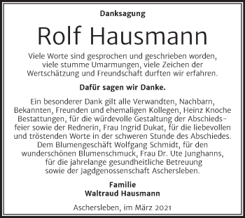 Traueranzeige von Rolf Hausmann von Mitteldeutsche Zeitung Aschersleben
